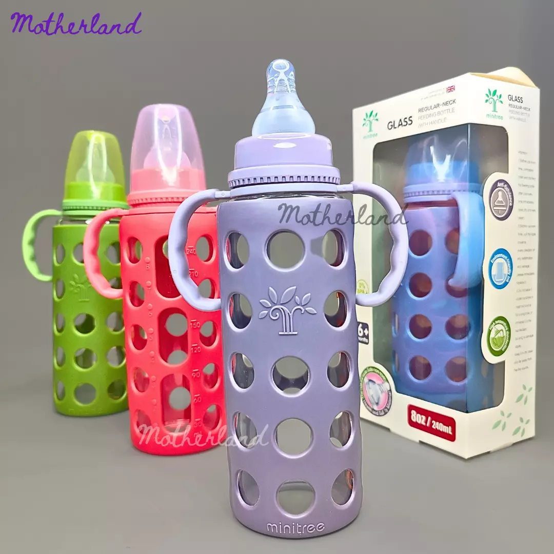 Minitree Regular Neck Glass Feeding Bottle With Handle 6m+ 240ml - Image 1