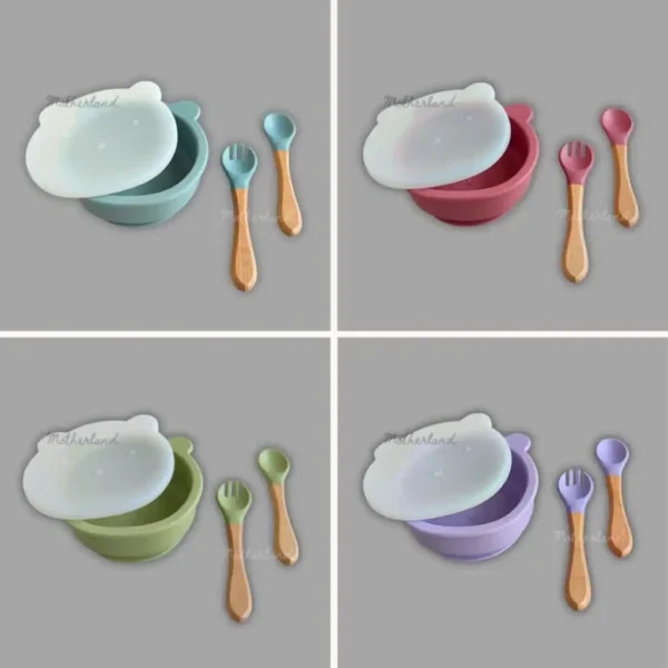 Premium Silicone Feeding Spoon Bowl Set (Bowl, Lid, Spoon & Fork) 4 pcs - China